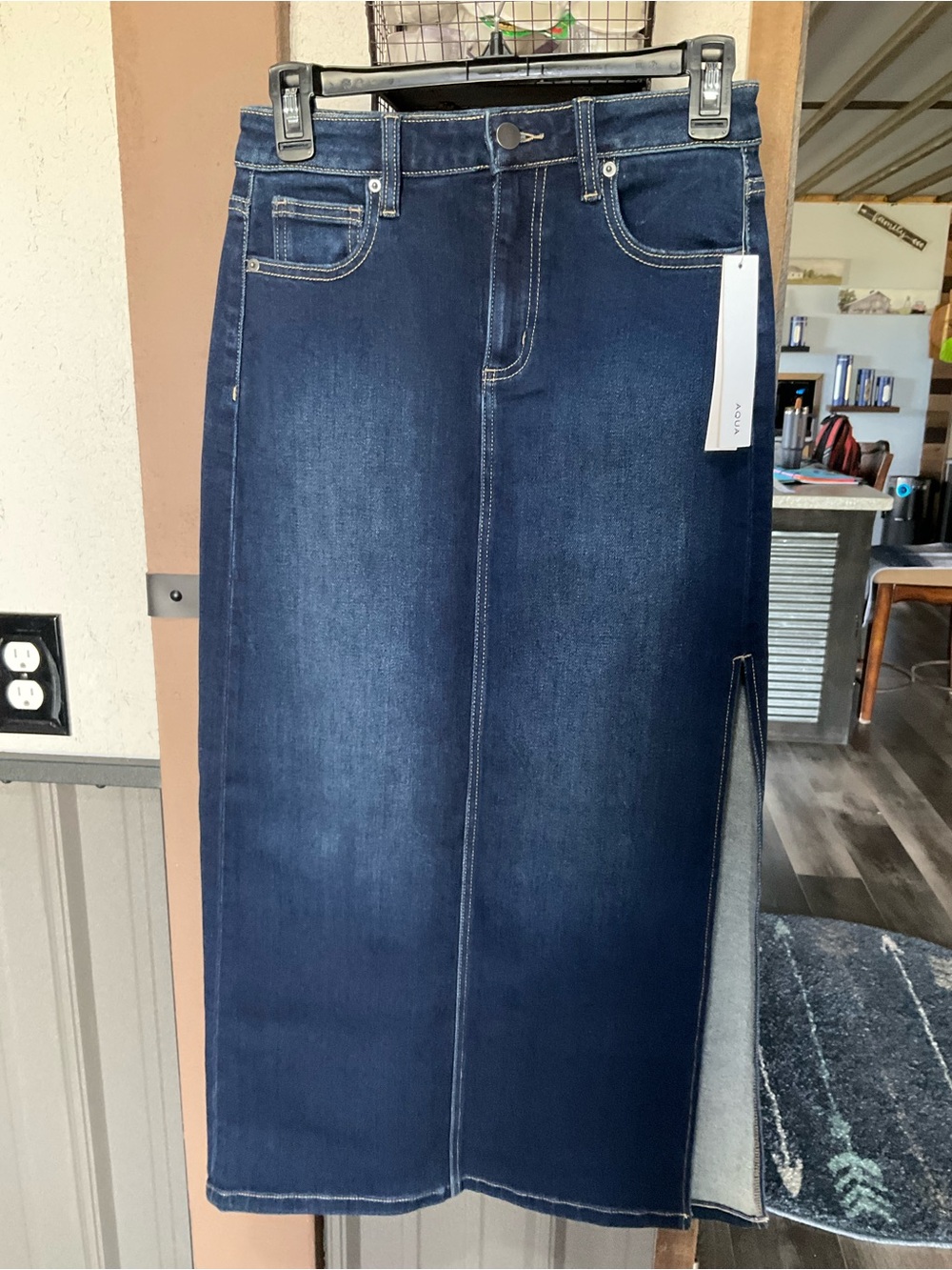 Aqua Dark Blue Denim Maxi Skirt with Side Slit